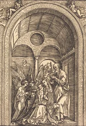 Die Heilige Familie mit zwei Engeln in einer gewölbten Halle, ca. 1504
