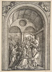 Die Heilige Familie mit zwei Engeln in einer gewölbten Halle, ca. 1503