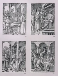 Die Serie „Kleine Passion“ (im Uhrzeigersinn): Christus vor Pilatus; Christus vor Herodes; Geißelung; Dornenkrönung, veröffentlicht 1511