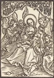 Die Jungfrau, die das Christkind stillt, mit vier Engeln, ca. 1500