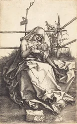 Die Jungfrau und das Kind auf einer grasbewachsenen Bank