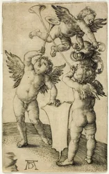 Drei Putti mit Schild und Helm