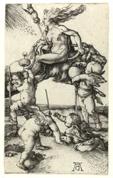 Hexe reitet rückwärts auf einer Ziege, ca. 1505