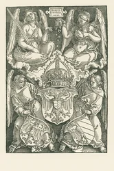 Allegorie mit dem Wappen des Reiches und der Stadt Nürnberg