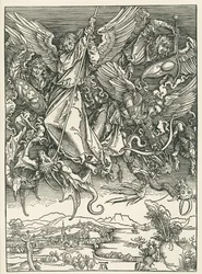 Erzengel Michael kämpft gegen den Drachen. Die Offenbarung des Heiligen Johannes