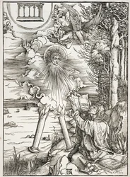 Szene aus der Apokalypse, St. Johannes verschlingt das Buch, lateinische Ausgabe