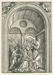 Die Heilige Familie mit zwei Engeln in einem Portikus, um 1503-04