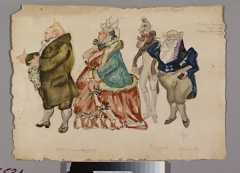 Verschiedene männliche und weibliche Kostüme. Kostümprojekt für die Oper "Eugen Onegin"