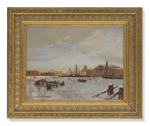 Blick über die gefrorene Newa, die Rostra-Säulen, die Isaakskathedrale und die Admiralität, St. Petersburg