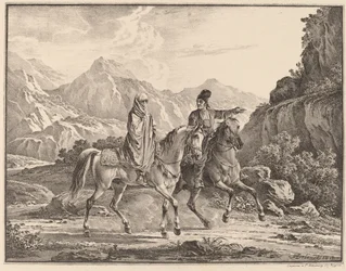 Mann und verschleierte Frau zu Pferd