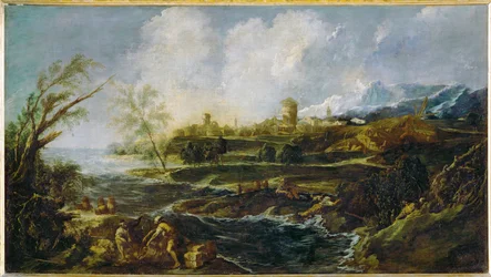 Landschaft mit einem Mann und Sarg am Flussufer