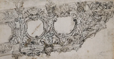 Entwurf für den Bug der Galerie von Papst Urban VIII mit den Barberini-Wappen von Bienen und Sonne, Ignudi, Tritonen, Hippokampen, Putti und einer Allegorie des Sieges als Galionsfigur unter den Buchstaben VRBA In