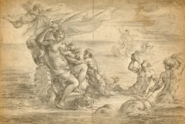 Venus in ihrem Meereswagen sitzend, Amor säugend