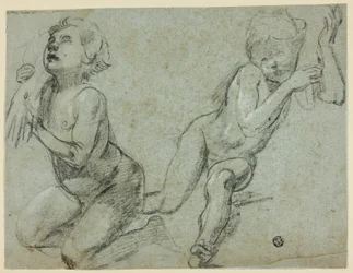 Skizzen von zwei Putti, einer hält die Hand des toten Christus (recto); Torso und Beine einer knienden Figur (verso)