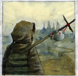 Ein Pilger auf dem Weg nach Santiago de Compostela mit dem Muschelsymbol des Heiligen Jakobus, Spanien - Illustration von Alessandro Lonati