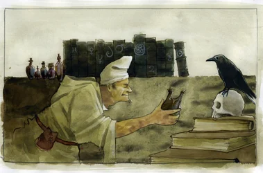 Alchemist in seinem Labor mit einem Raben, einem Schädel.