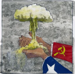 Allegorische Darstellung des Kalten Krieges als amerikanische und sowjetische Hände, die die Atomwolke halten