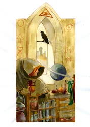 Ein Alchemist in seinem Labor, umgeben von Flaschen und Destillierkolben, untersucht den Inhalt einer Flasche