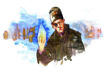 Ein Alchemist in seinem Labor, umgeben von Fläschchen und Destillierapparaten, hält den Stein der Weisen