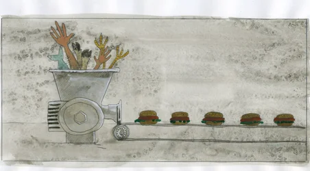 Konsumgesellschaft: Produktion von Junk Food, Hamburger aus menschlichen und tierischen Überresten - Illustration von Alessandro Lonati