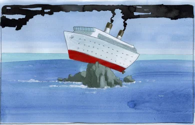 Ökologie: Noas Arche als verschmutztes Kreuzfahrtschiff auf einem Riff gestrandet