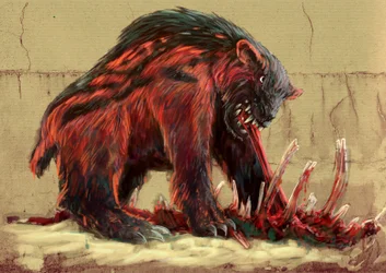 Fantastische Monster und Kreaturen, Kryptozoologie: der Nandi-Bär, der die Savannen Tansanias und Kenias bewohnt (Kerit, Chimit, Kikambungure, Duba und Sabroukoo) - (Nandi-Bär, auch als Ngoloko bekannt), Zeichnung von Alessandro Lonati, 2012