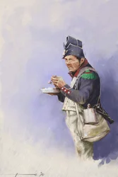 Erstes Kaiserreich: Leichter Infanteriesoldat während einer Mahlzeit während eines Feldzugs von Napoleon I. (wahrscheinlich in Russland) Illustration von Alessandro Lonati, 2010