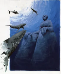 Illustration des Mythos der unter dem Atlantis-Meer verschwundenen Insel: Wale in den Tiefen des Meeres um die Ruinen der legendären Insel.