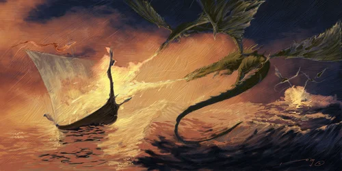 Legendäres Wesen: Drache greift einen Drakkar (Wikingerboot) an. Zeichnung von Alessandro Lonati