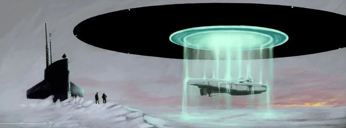 Begegnung am Nordpol zwischen einem U-Boot und einer fliegenden Untertasse (UFO oder Außerirdischer) zur Rückgabe eines während des Krieges von Außerirdischen entführten U-Boots