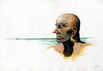 Porträt eines Piraten (Freibeuter) oder Seemanns mit Meer im Hintergrund.