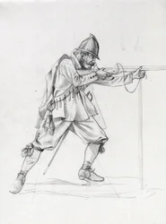 Porträt eines Schiffssoldaten des 17. Jahrhunderts in Schussposition. Zeichnung von Alessandro Lonati.