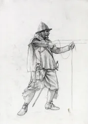 Porträt eines Marinesoldaten des 17. Jahrhunderts in Schussposition Zeichnung von Alessandro Lonati