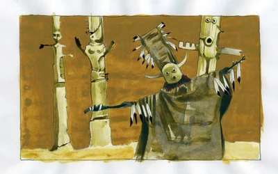 Schamanismus: spirituelle Zeremonie, die sich auf die Vermittlung zwischen Menschen und Naturgeistern konzentriert - Schamane und seine Totems - Illustration von Alessandro Lonati