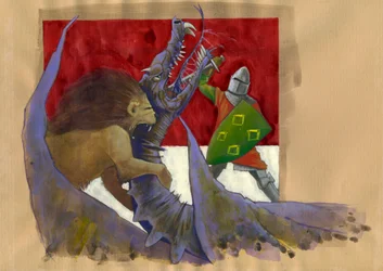 Yvain, der Löwenritter, kämpft gegen den Drachen