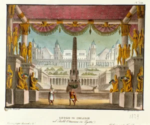 Ein köstlicher Ort: Blick aus dem Inneren eines Tempels mit Statuen Bühnenbild für das Ballett „Ottaviano in Egitto“ von Giovanni Galzerani (1828)