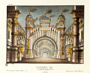 Ein Tempel zur Zeit von Dschingis Khan. Szenografie für das Ballett „Genis-Kan“ von Giovanni Galzerani (1828). Lithografie in „Raccolta di invenzioni sceniche del 1830 di Alessandro Sanquirico“