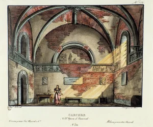 Gefängniszelle. Szenografie für die Aufführung der Oper „Tancredi“ von Gioacchino Rossini (1813) nach Voltaires Stück „Tancrede“. Lithografie in „Raccolta di invenzioni sceniche del 1830 di Alessandro Sanquirico“
