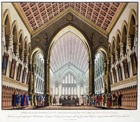 Szenografie von Sanquirico für die Oper „La gazza ladra“ von Gioacchino Rossini, aufgeführt im Teatro alla Scala in Mailand im Jahr 1817: das Tribunal du Podestat in der Nähe von Paris.