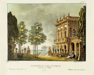 Ansicht von Otellos Garten und Haus. Bühnenbild für die Oper „Otello“ von Gioachino Rossini (1816), nach William Shakespeares Stück „Othello oder der Mohr von Venedig“. Lithografie in „Raccolta di invenzioni sceniche del 1830“ von Alessandro Sanquirico