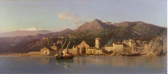 Ansicht von Taormina, Sizilien, mit dem Ätna im Hintergrund, 1868