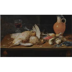 Ein Stillleben mit einem Rotkehlchen, einem Eisvogel, Rebhühnern und Singvögeln, alle auf einem Holztisch, zusammen mit einem Glas und einem irdenen Krug