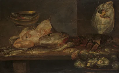 Stillleben mit Fisch und Hummer und Austern auf einem Tisch