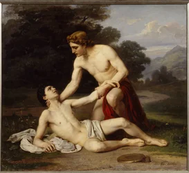 Apollon und Hyakinthos. Der griechische Gott beugt sich über den jungen Mann, der beim Diskuswurftraining an der Schläfe verletzt wurde