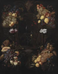 Kartusche mit Fruchtgirlanden und einem Weinglas