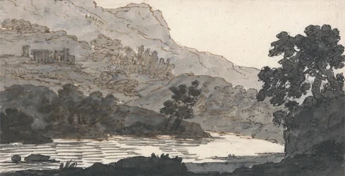 Fluss und Berg, mit Ruinen