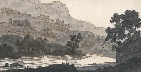 Fluss und Berg, mit Ruinen