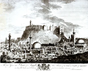 Ein Blick auf die Stadt und das Schloss von Aleppo, Syrien, 1754