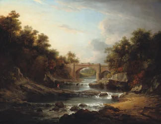 Blick auf den Fluss Almond, in der Nähe von Edinburgh, mit Almondell-Brücke und einem Fischer