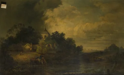 Romantische Landschaft mit trinkenden Pferden